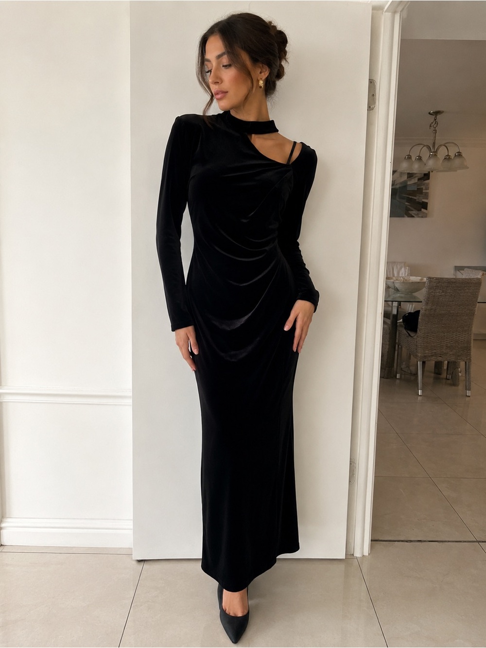 Xscape Black Velvet Long-Sleeve Cutout Gown